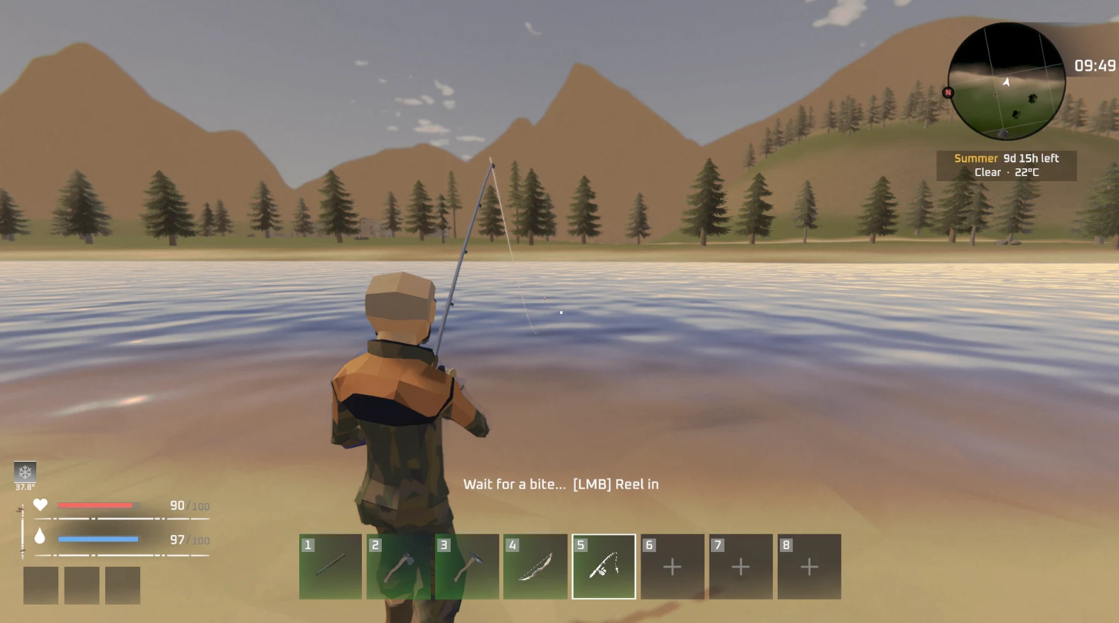 Official Walkers fishing screenshot at a lake, showing the fishing waiting prompt and LMB Reel in prompt
