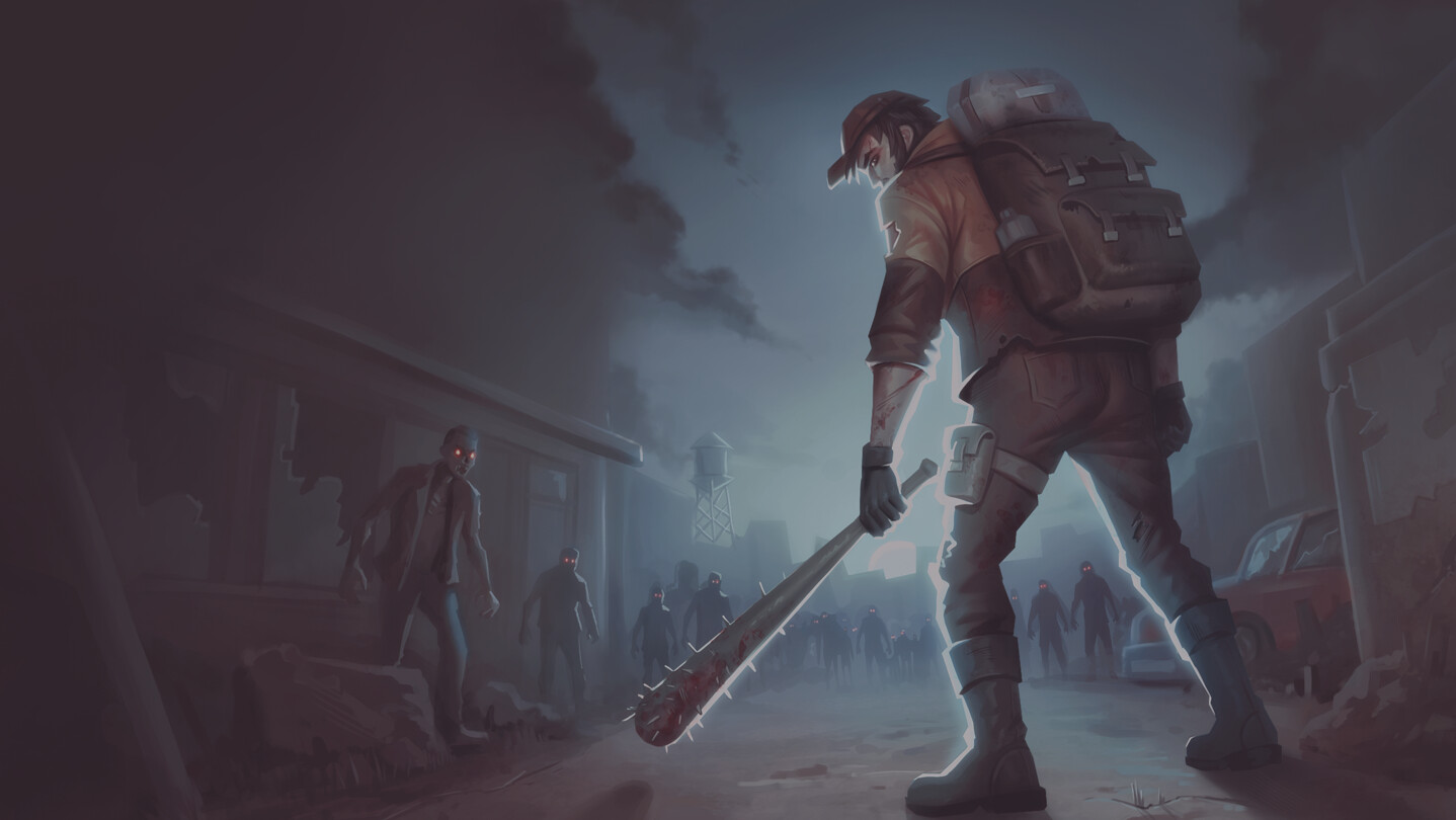 Walkers official artwork: a backpacked survivor faces zombies on a ruined street